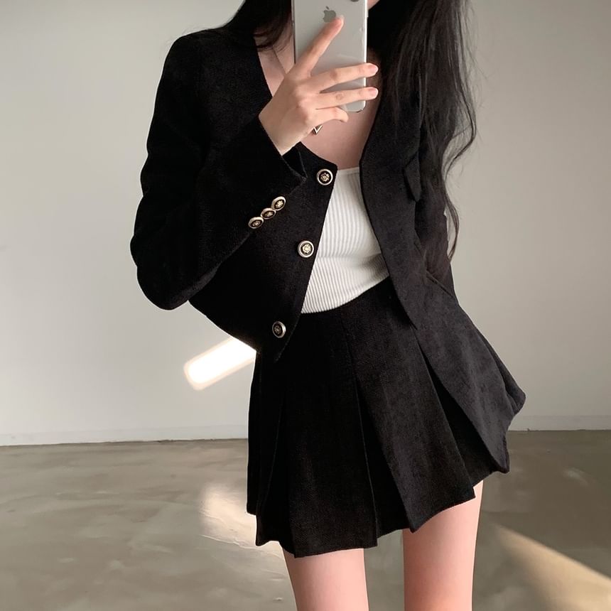 Set: Crew Neck Tweed Blazer + High Rise Pleated Mini Skirt