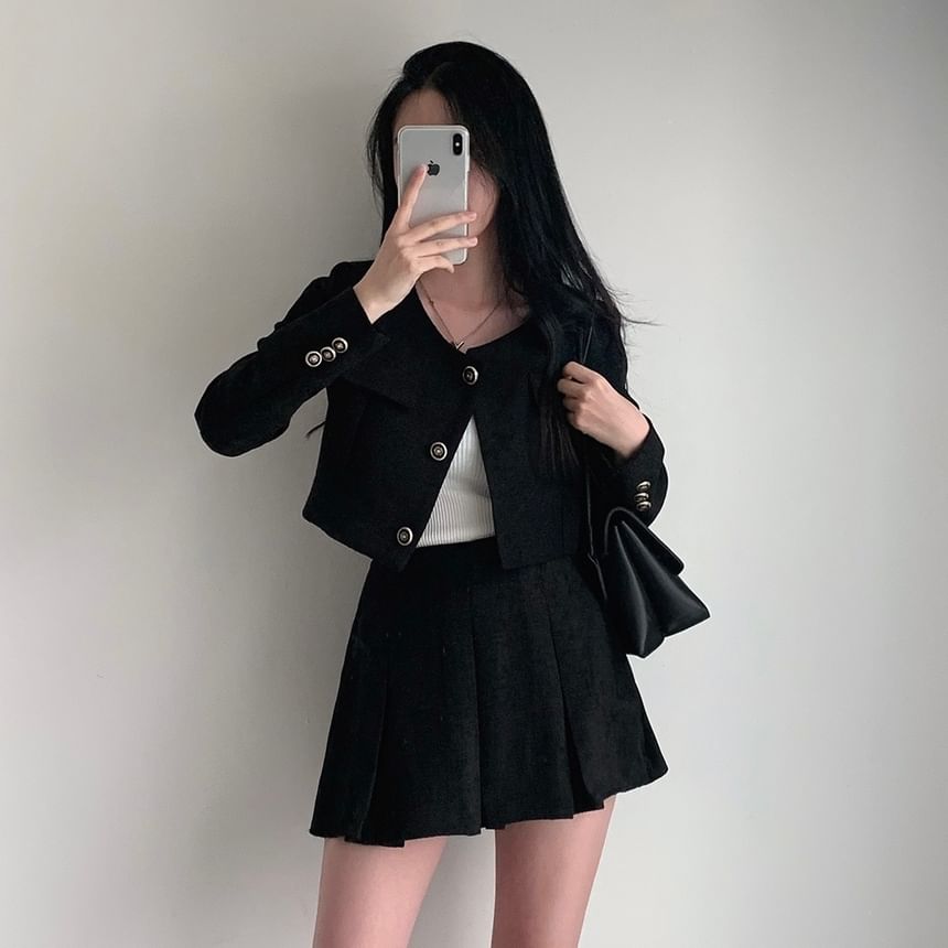 Set: Crew Neck Tweed Blazer + High Rise Pleated Mini Skirt