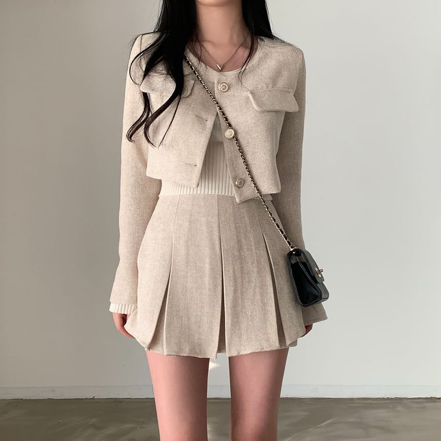 Set: Crew Neck Tweed Blazer + High Rise Pleated Mini Skirt