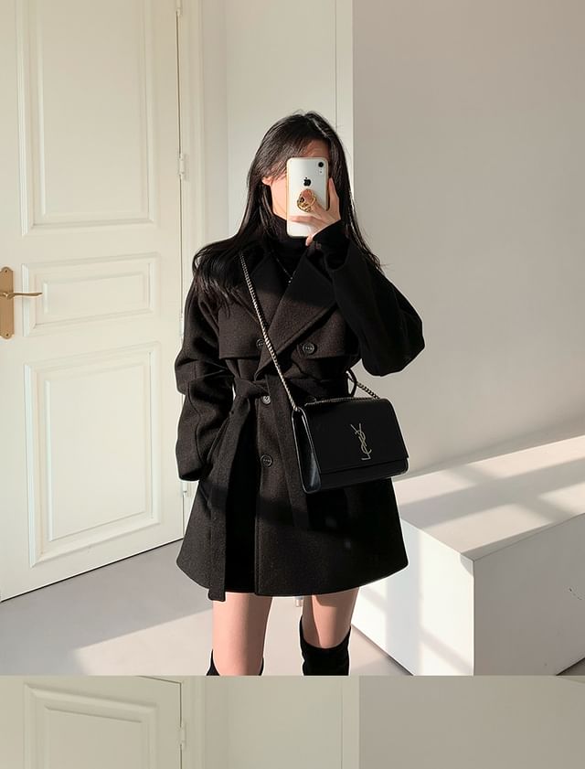 Long Sleeve Lapel Double-Breasted Belted Woolen Blend Coat