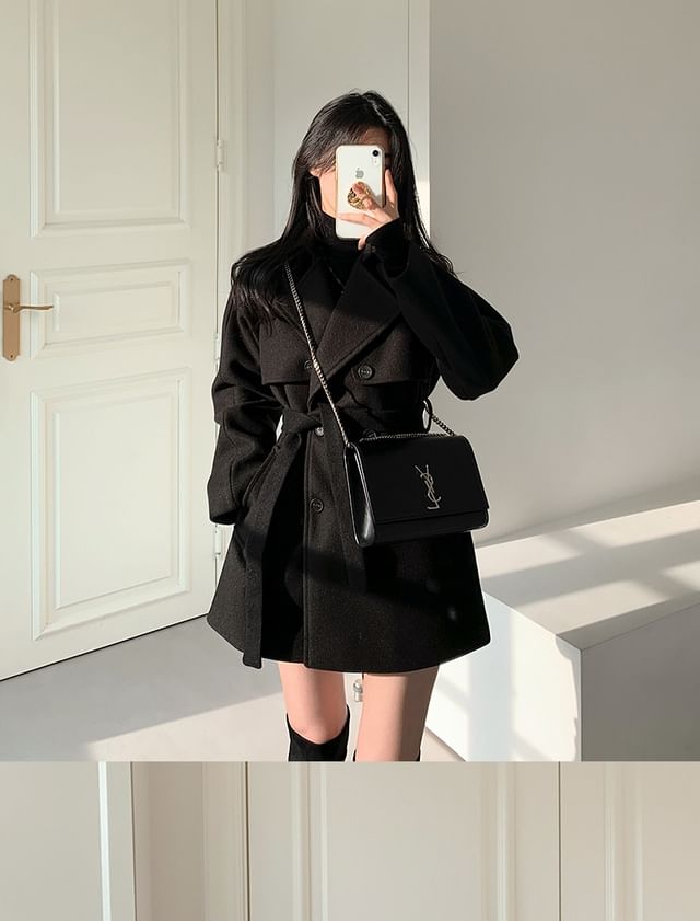 Long Sleeve Lapel Double-Breasted Belted Woolen Blend Coat