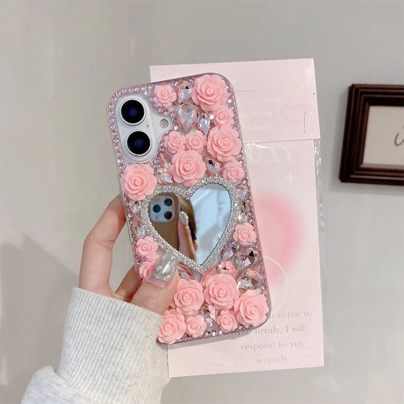 Case Phone Mirrored Rhinestone Rose