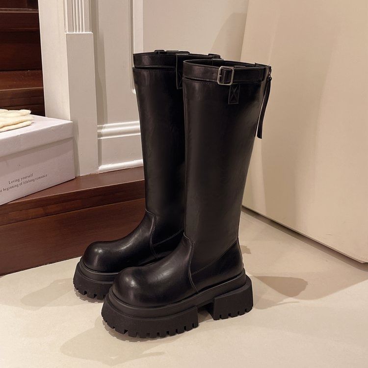 Plain Platform Tall Boots Buckled