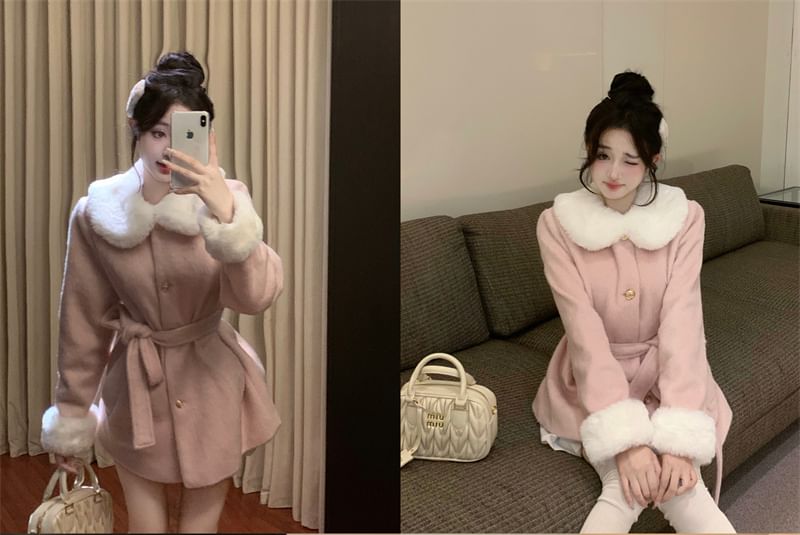 Fleece-Trim Wool Jacket with Sash