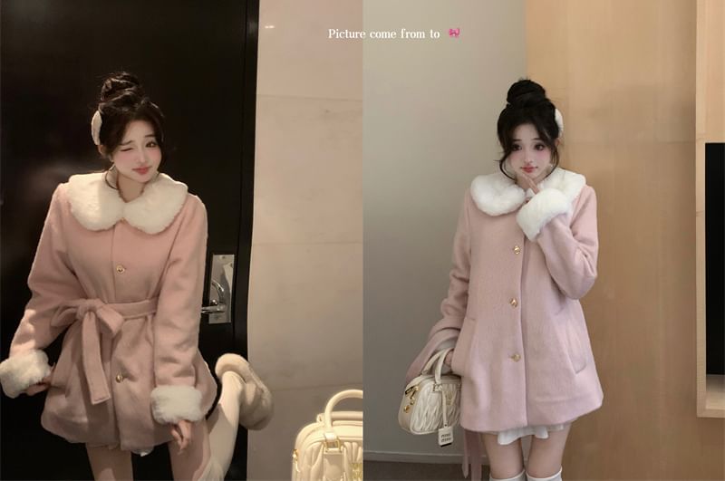 Fleece-Trim Wool Jacket with Sash