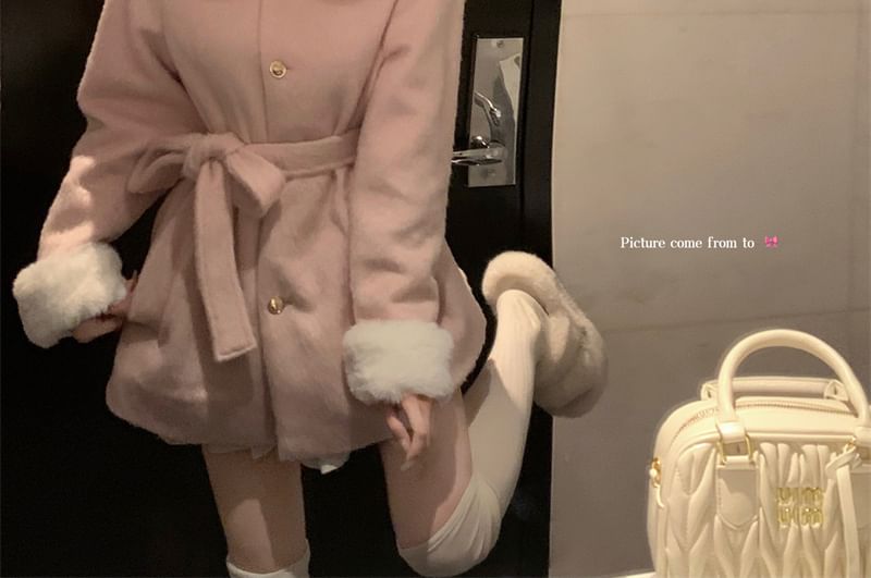 Fleece-Trim Wool Jacket with Sash