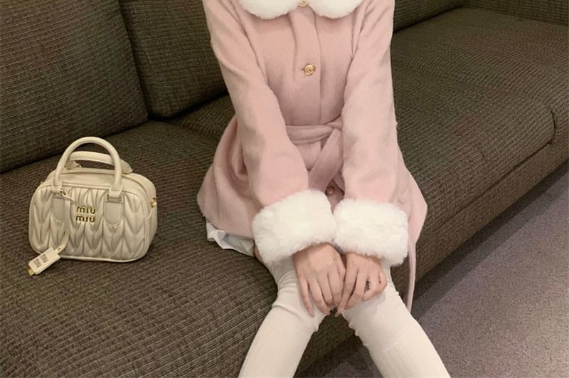 Fleece-Trim Wool Jacket with Sash