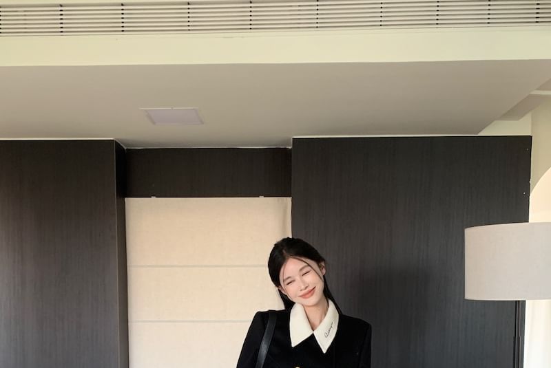 Embroidered-Collar Double-Breasted Wool Coat
