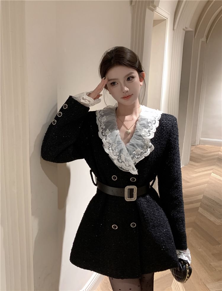 Lapel Collar Lace Panel Tweed Mini Coat Dress