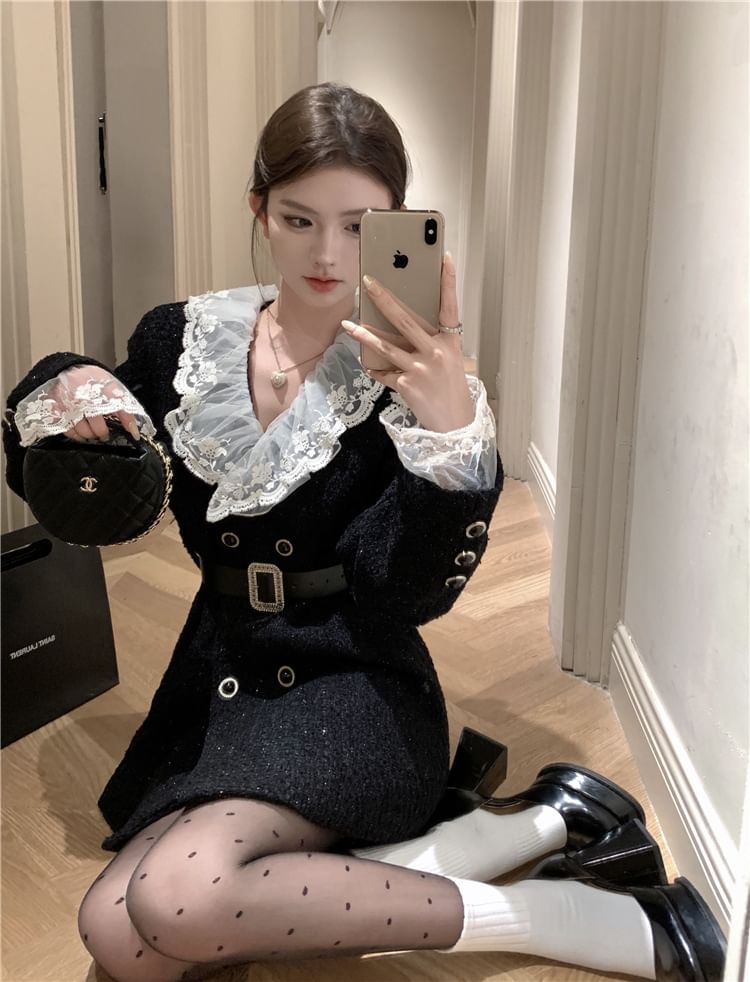 Lapel Collar Lace Panel Tweed Mini Coat Dress