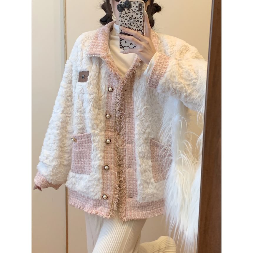 Collar Applique Fringed Tweed Panel Fleece  Button Jacket