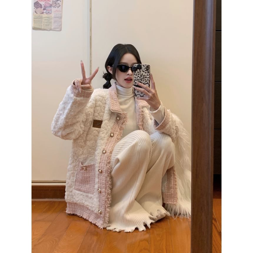 Collar Applique Fringed Tweed Panel Fleece  Button Jacket