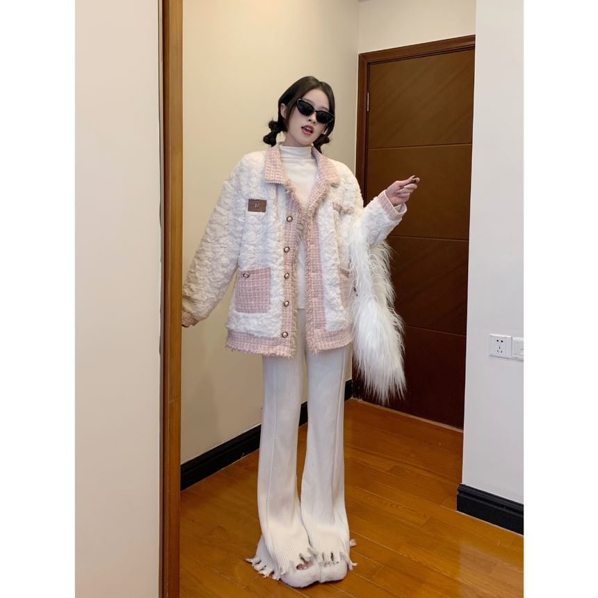 Collar Applique Fringed Tweed Panel Fleece  Button Jacket