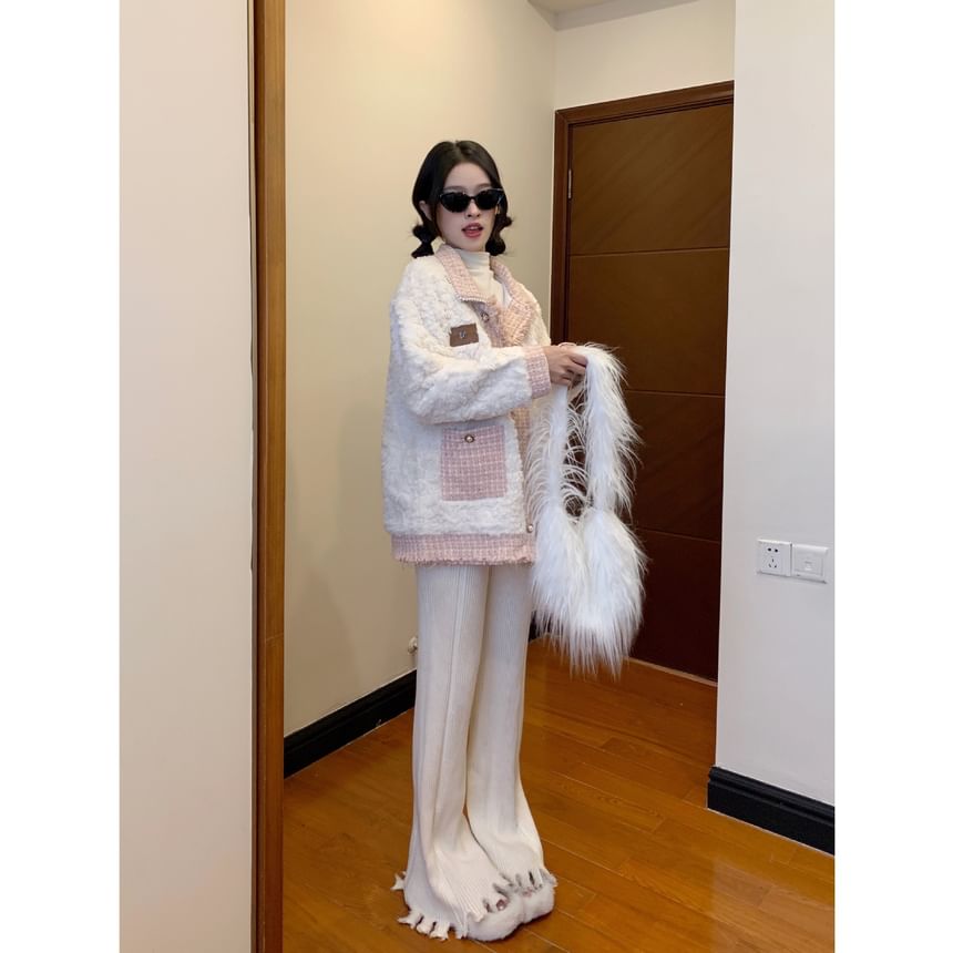 Collar Applique Fringed Tweed Panel Fleece  Button Jacket