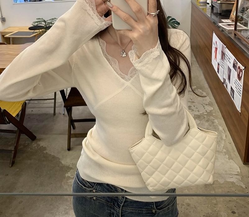 Slim-Fit V-Neck Lace-Trim Knit Top
