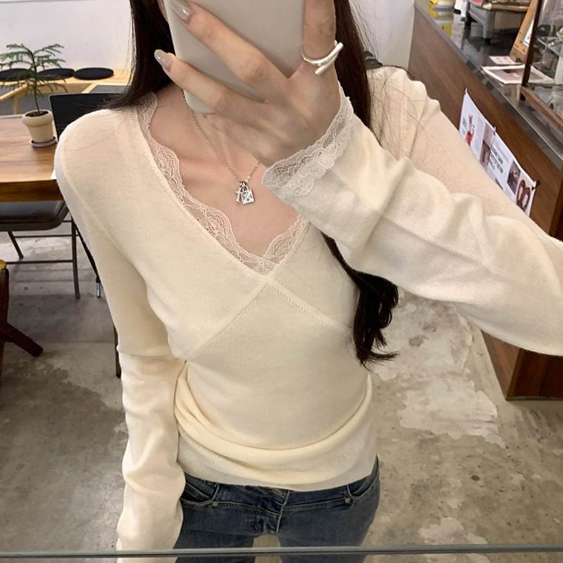 Slim-Fit V-Neck Lace-Trim Knit Top