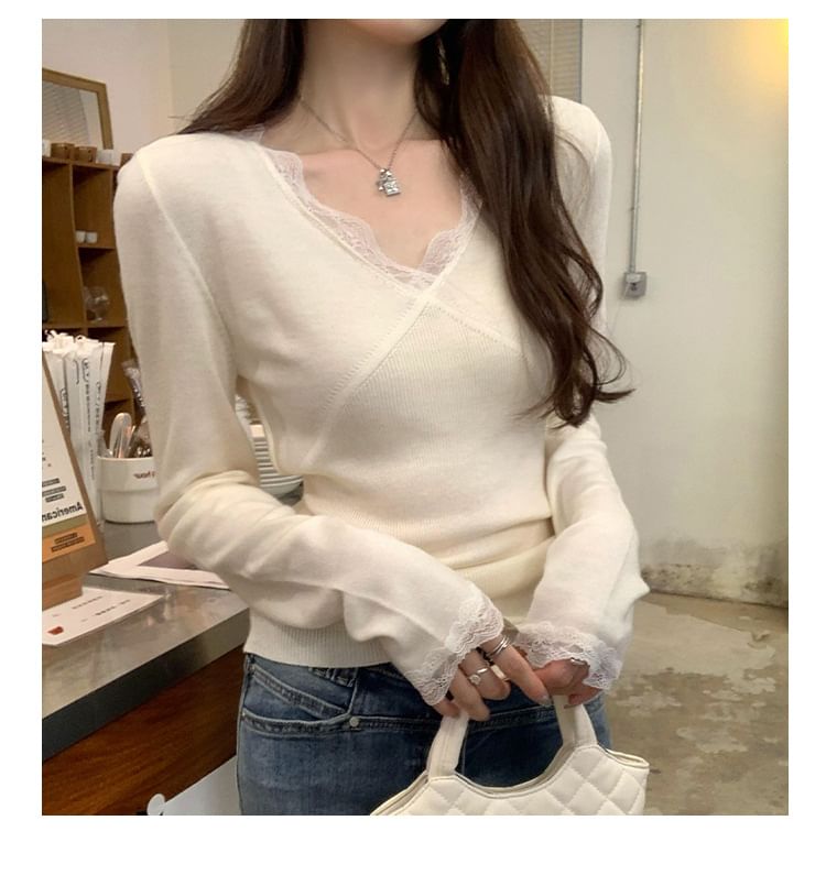 Slim-Fit V-Neck Lace-Trim Knit Top