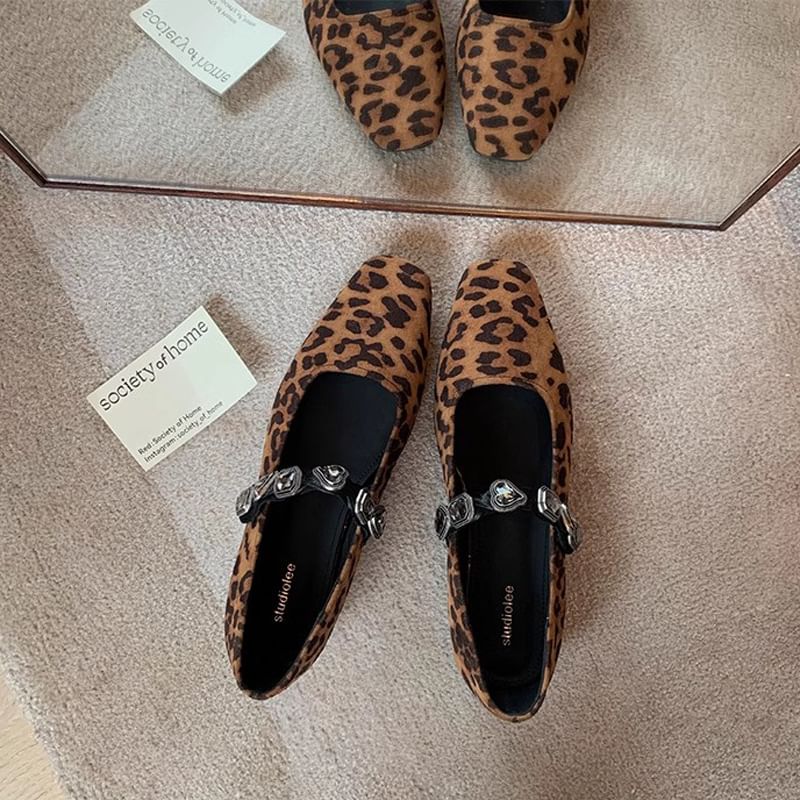 Buckled Faux Heart Flats Leather