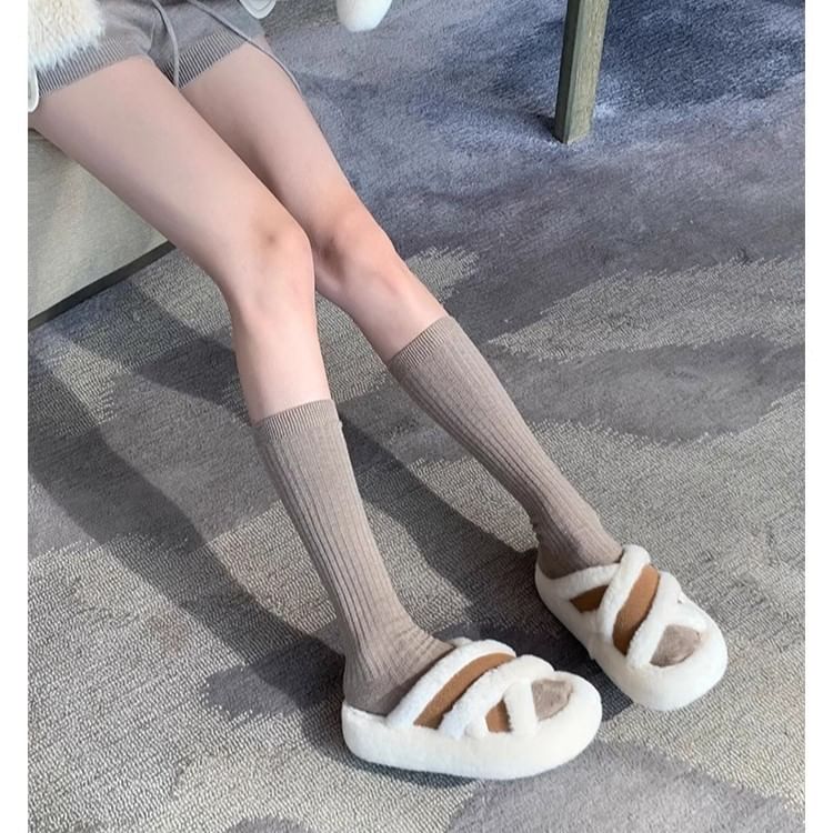 Fleece Cross Plain Band Slide Sandals