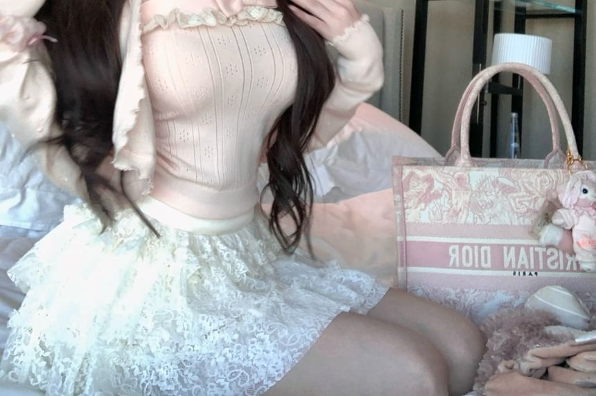 Cami Top Waist Lace Knit Plain Cardigan A-Line Ruffle / Trim Ribbed Skirt Bowknot Mini Mid