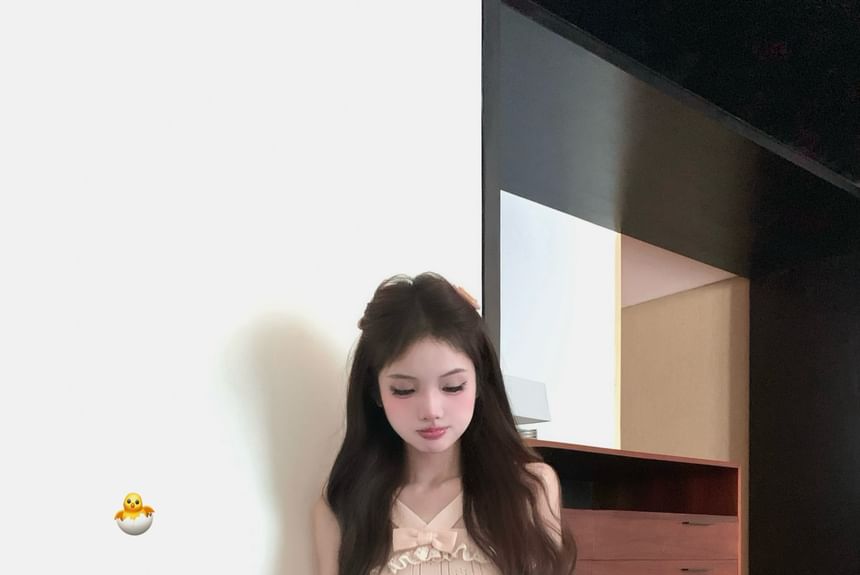 Cami Top Waist Lace Knit Plain Cardigan A-Line Ruffle / Trim Ribbed Skirt Bowknot Mini Mid