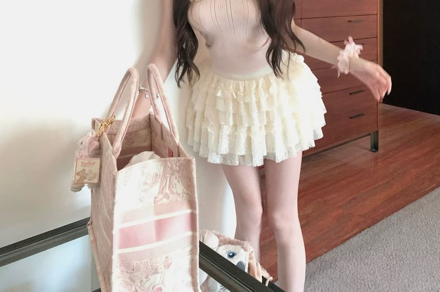 Cami Top Waist Lace Knit Plain Cardigan A-Line Ruffle / Trim Ribbed Skirt Bowknot Mini Mid