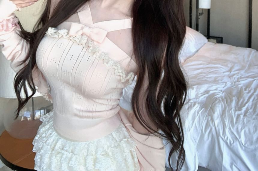 Cami Top Waist Lace Knit Plain Cardigan A-Line Ruffle / Trim Ribbed Skirt Bowknot Mini Mid