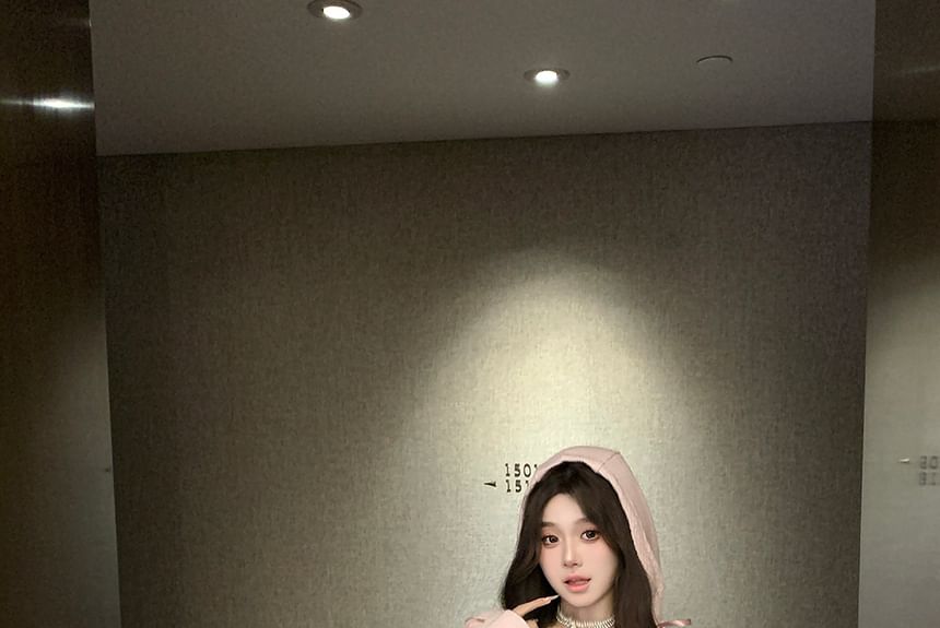 Mid Neck Rise Lace Hooded Mini Long-Sleeve Trim Skirt Top Plain Scoop A-Line /