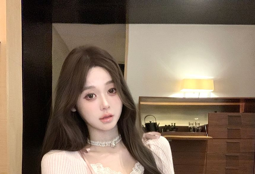 Mid Neck Rise Lace Hooded Mini Long-Sleeve Trim Skirt Top Plain Scoop A-Line /