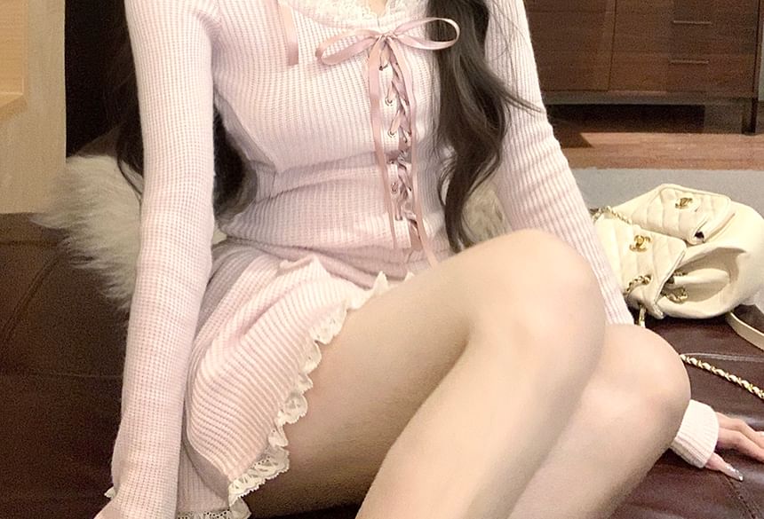 Mid Neck Rise Lace Hooded Mini Long-Sleeve Trim Skirt Top Plain Scoop A-Line /