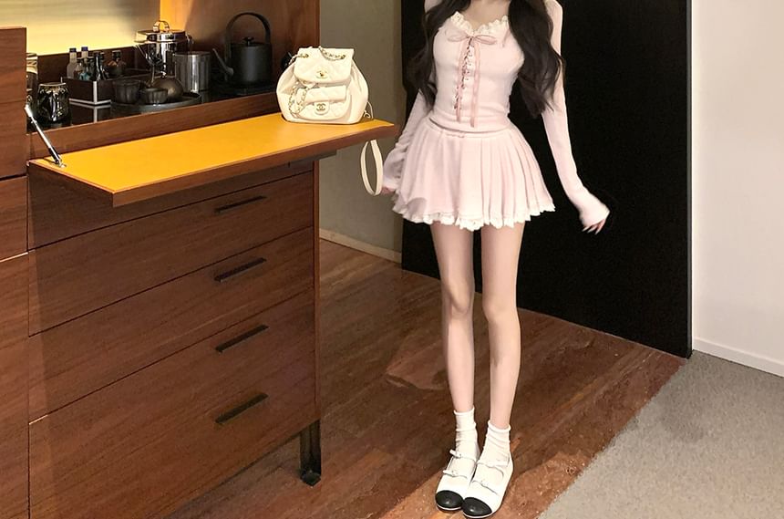 Mid Neck Rise Lace Hooded Mini Long-Sleeve Trim Skirt Top Plain Scoop A-Line /