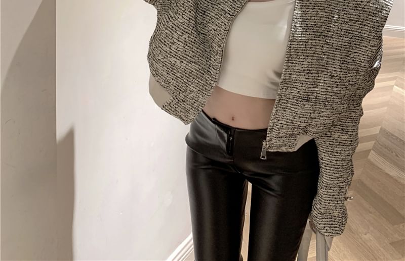 Lapel Collar Tweed Zip Cropped Jacket