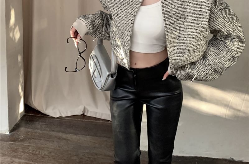 Lapel Collar Tweed Zip Cropped Jacket