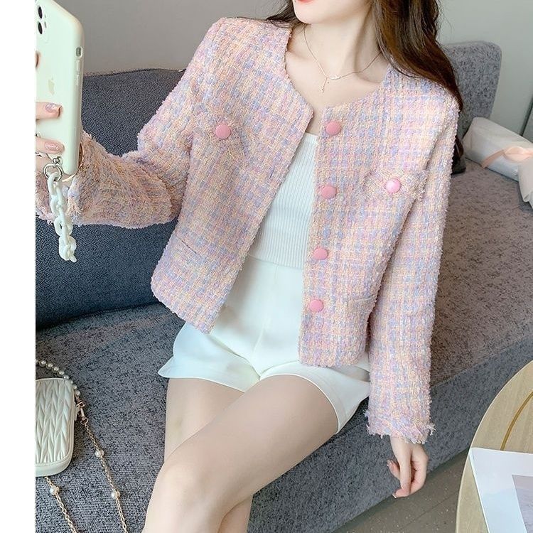 Round Neck Fray Tweed Button Jacket