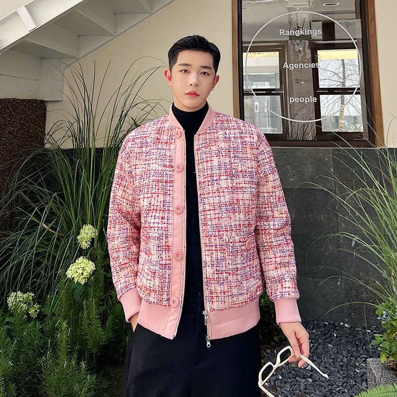 Panel Tweed Zip Baseball Jacket