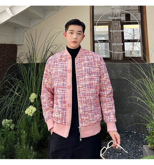 Panel Tweed Zip Baseball Jacket