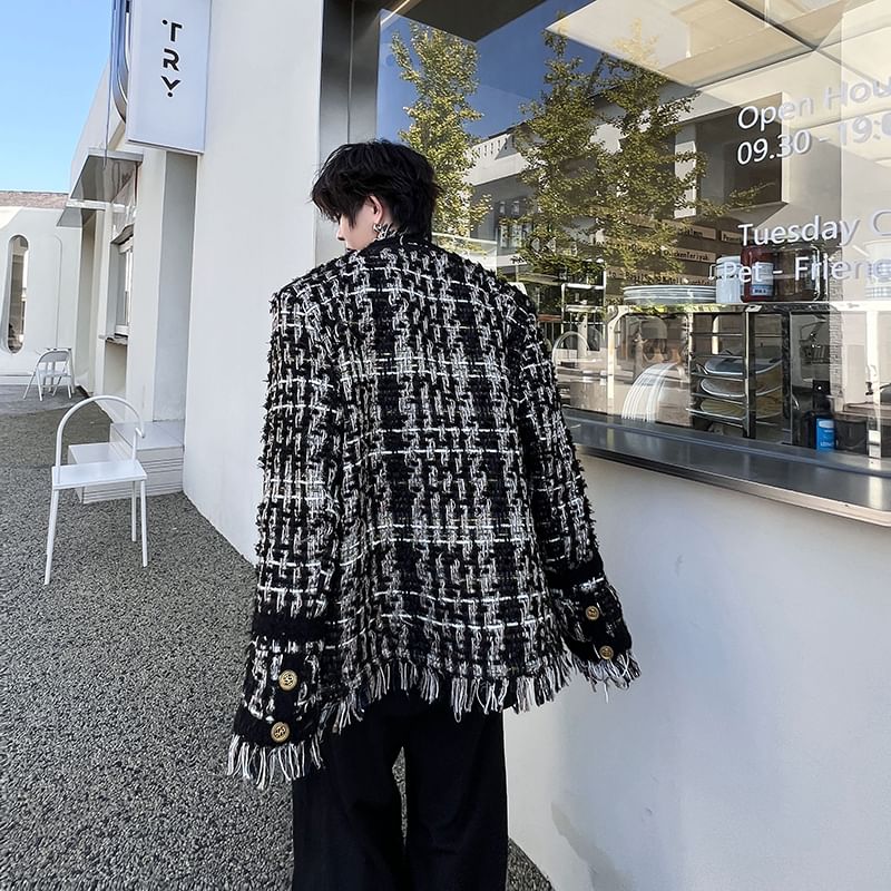 Stand Collar Fringe Tweed Button Jacket