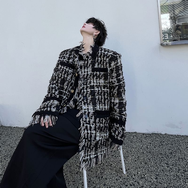 Stand Collar Fringe Tweed Button Jacket