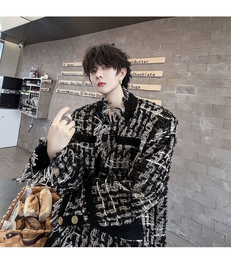 Stand Collar Fringe Tweed Button Jacket