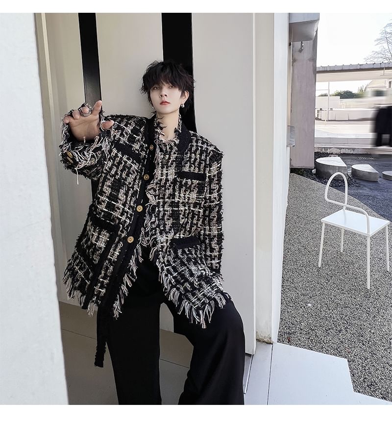Stand Collar Fringe Tweed Button Jacket