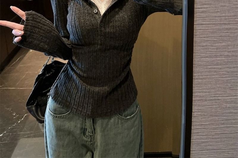 Mock Two-Piece Ribbed Lace V-Neck Long-Sleeve Top