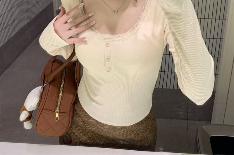 Scoop Neck Padded Button Lace-Trim Long-Sleeve Tee