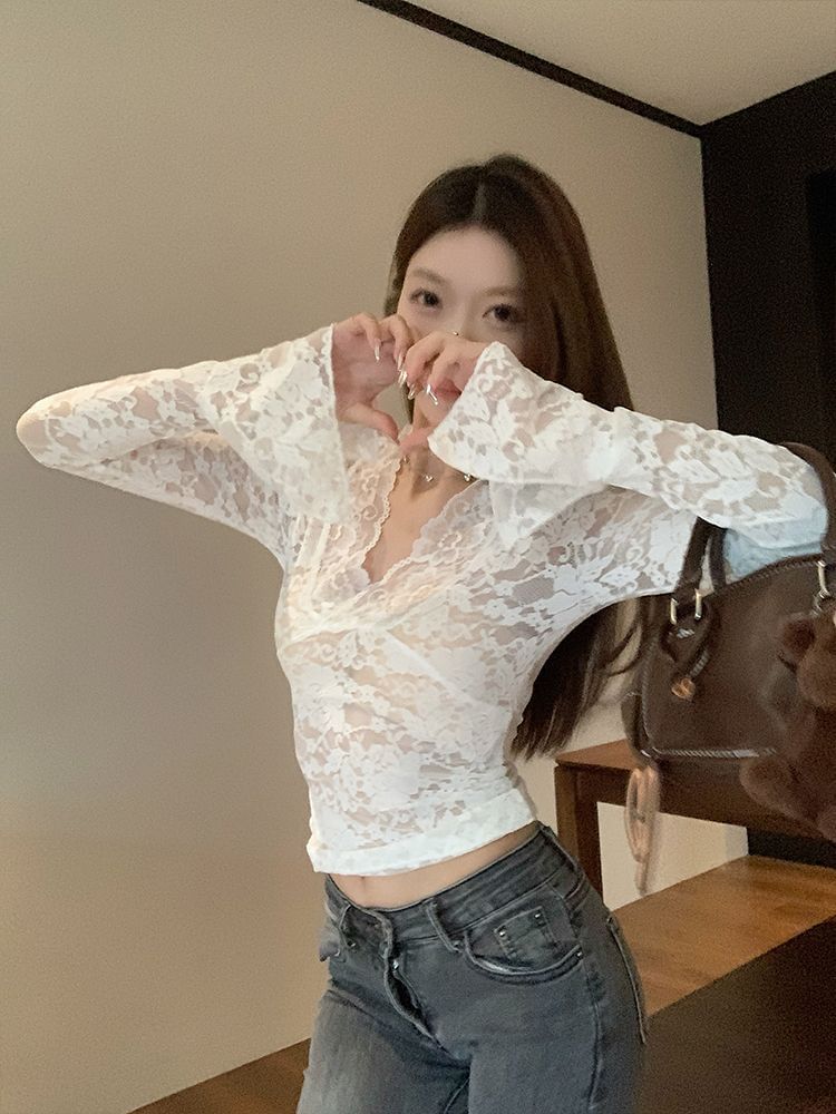V-Neck Lace Long-Sleeve Blouse