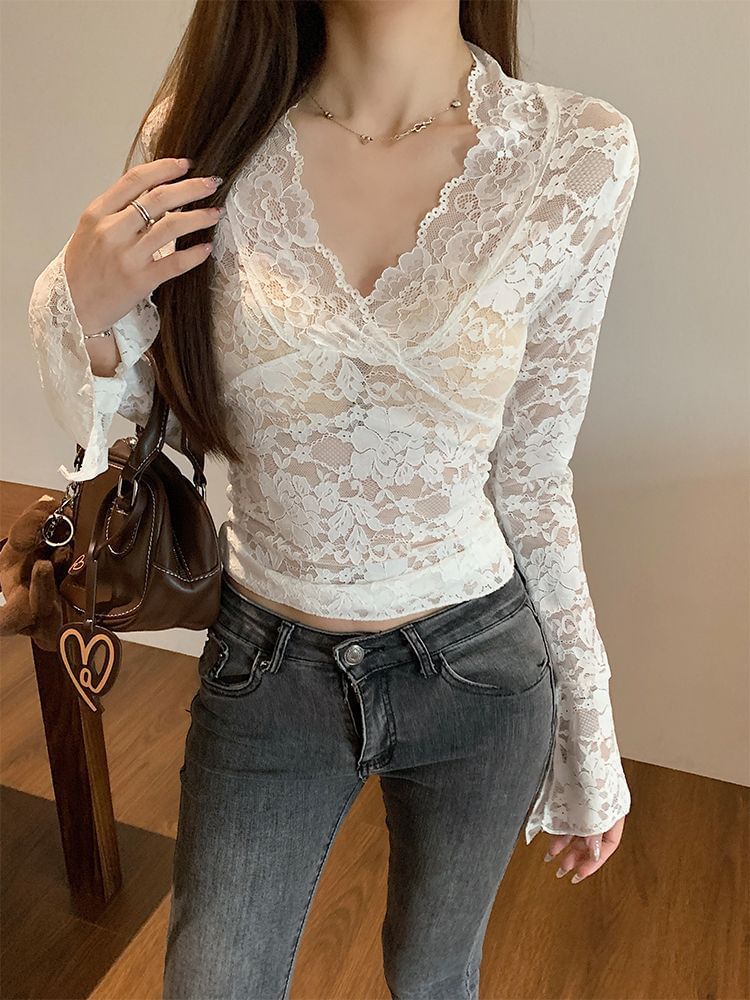 V-Neck Lace Long-Sleeve Blouse