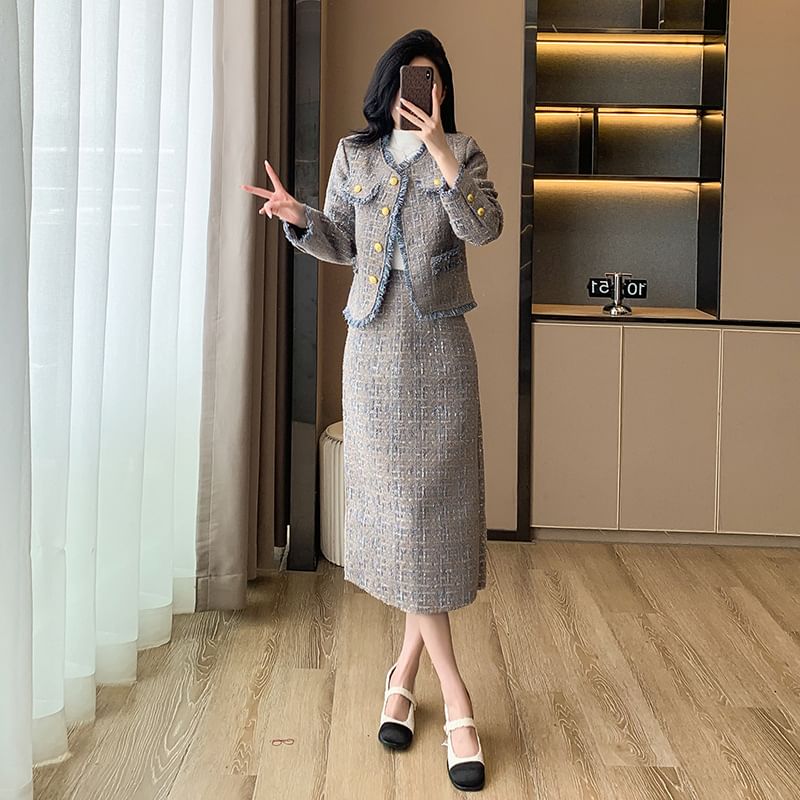 Crew Neck Fringed Contrast Trim Tweed Button Jacket / High Rise Slit Midi H-Line Skirt / Long-Sleeve Mock Neck Plain Knit Top / Set