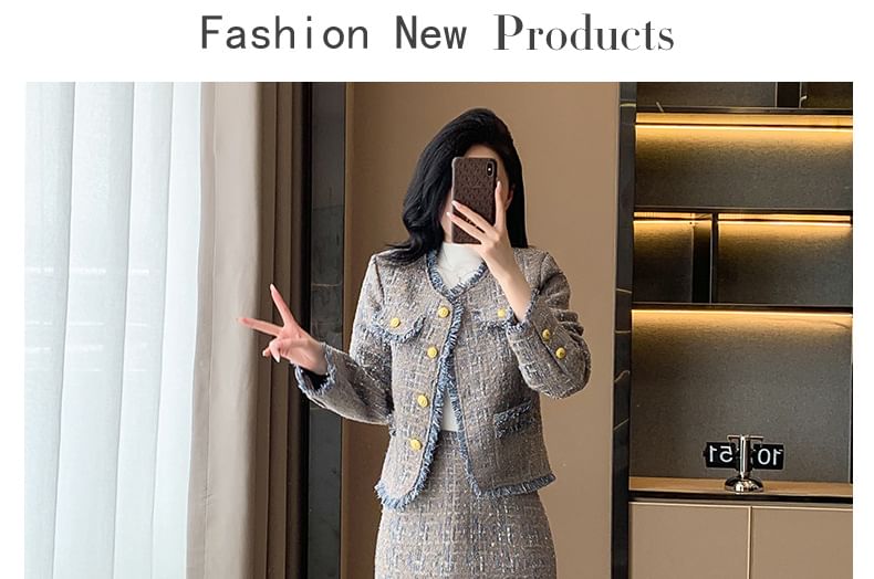 Crew Neck Fringed Contrast Trim Tweed Button Jacket / High Rise Slit Midi H-Line Skirt / Long-Sleeve Mock Neck Plain Knit Top / Set