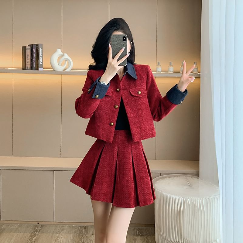 Collar Denim Panel Tweed Button Jacket / Long-Sleeve Plain Knit Top / High Waist Pleated Mini A-Line Skirt / Set