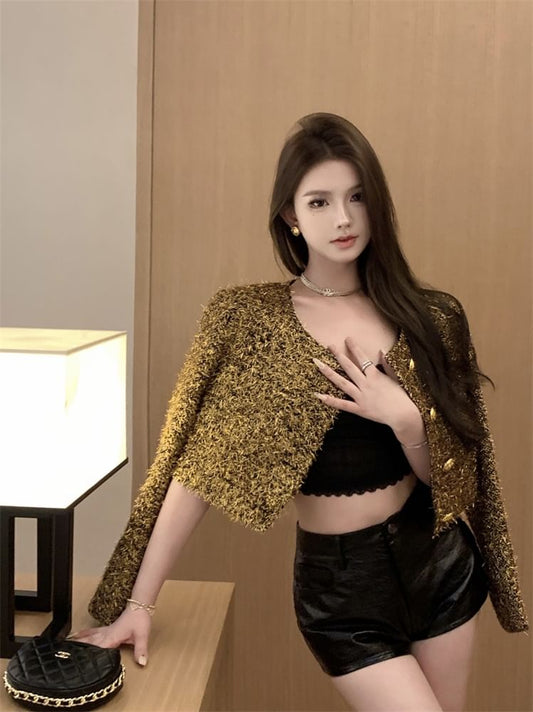 Crew Neck Button-Up Tweed Crop Jacket