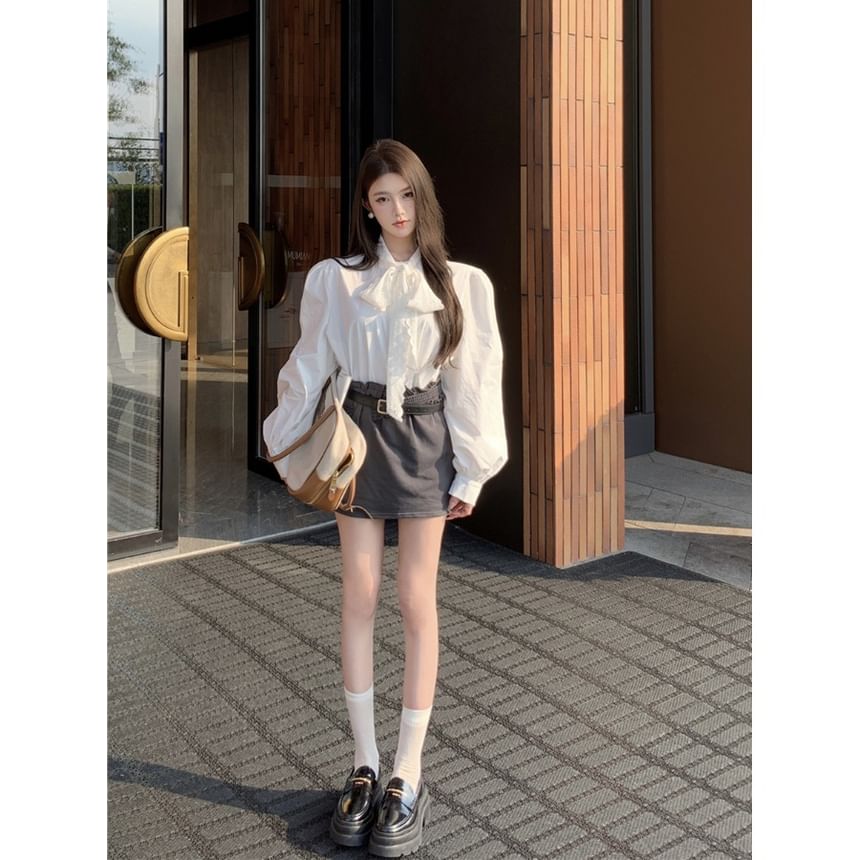 Long-Sleeve Tie-Neck Plain Lace Panel Blouse / High Rise Mini Pencil Skirt / Crew Neck Tweed Jacket / Belt