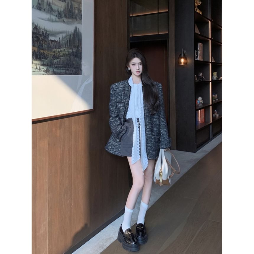 Long-Sleeve Tie-Neck Plain Lace Panel Blouse / High Rise Mini Pencil Skirt / Crew Neck Tweed Jacket / Belt